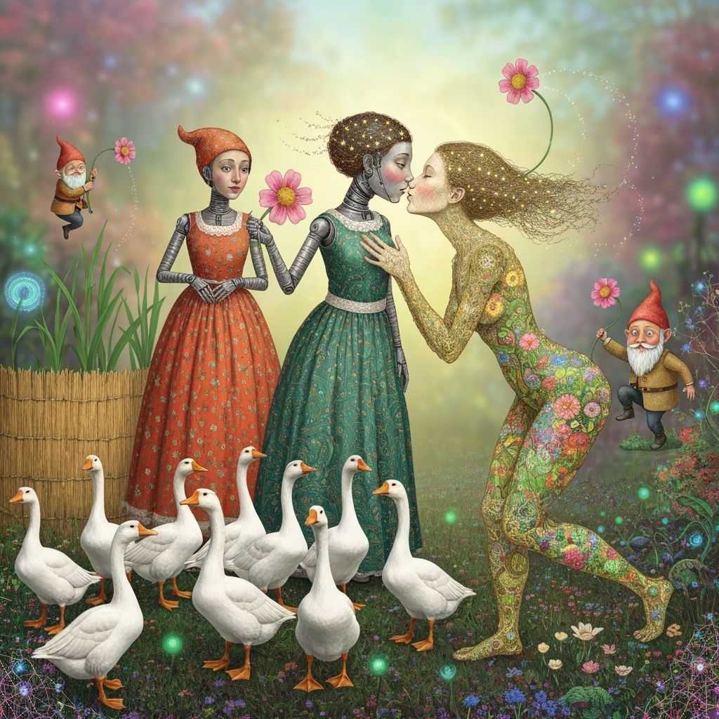 Folkloric Robot and Twins in Surreal Eco-Garden