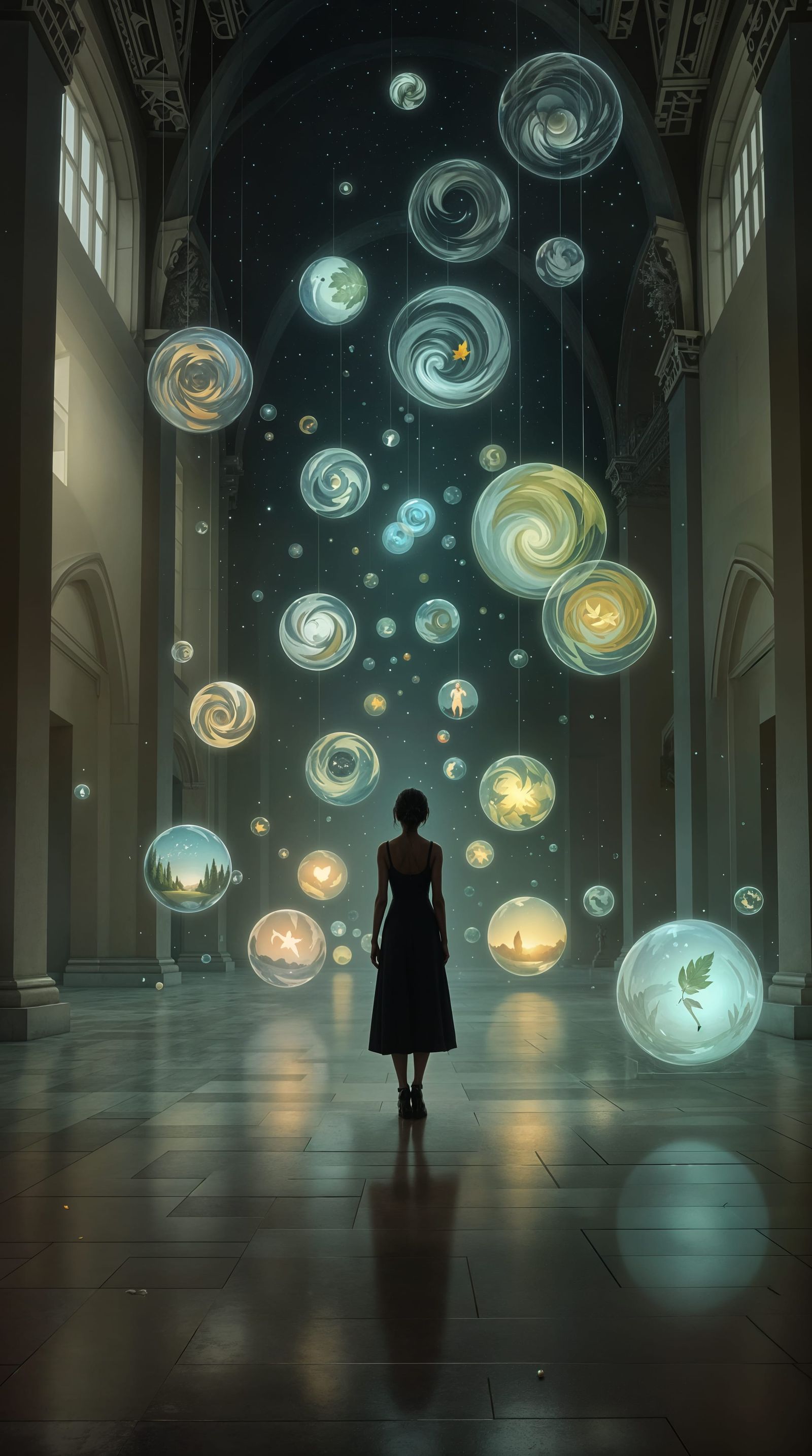 Surreal Museum Curator Among Glowing, Ethereal Orbs