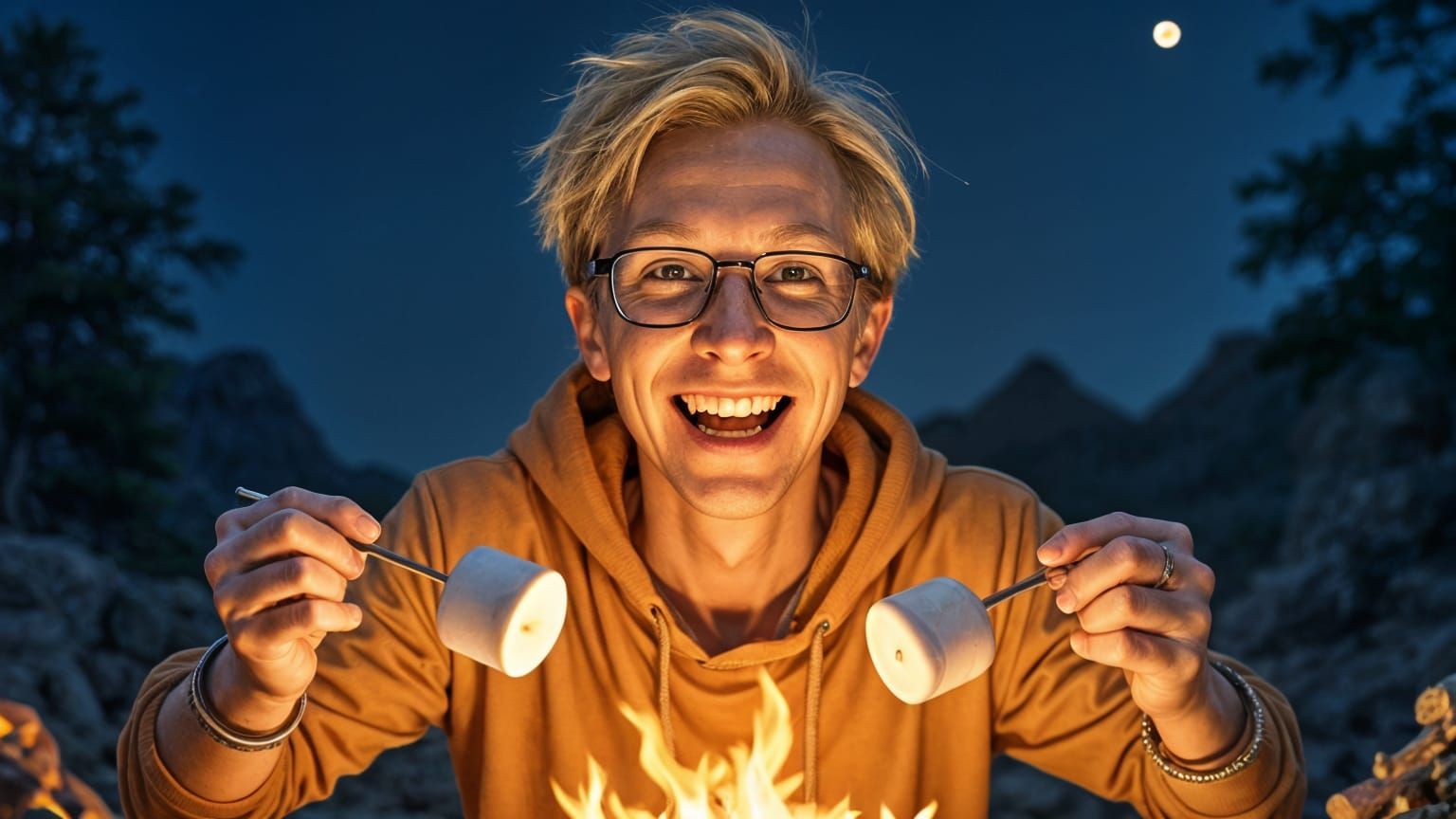 Happy Man Roasting Marshmallows by Campfire