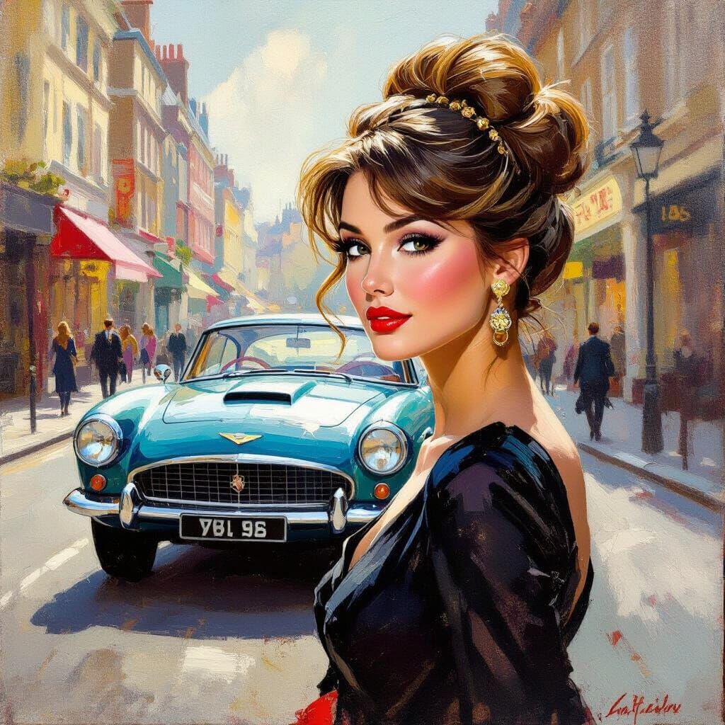 Woman in Mod Fashion Leaning on Vintage Car in Swinging Lond...