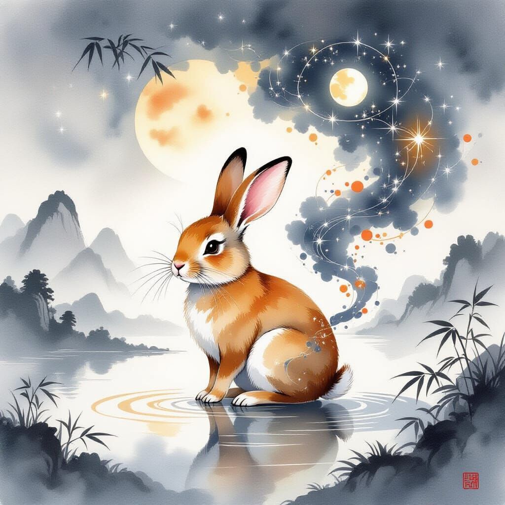 Brown Rabbit Dissolving into Celestial Ink Art