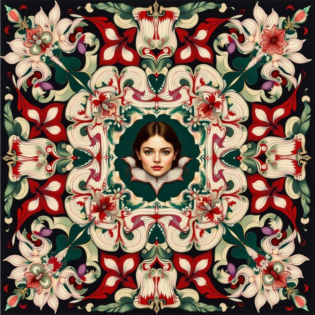 Whimsical Folk Art Portrait With Gingham Patterns