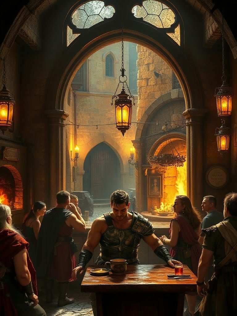 Cozy Tavern Interior with Adventurers and Alley View