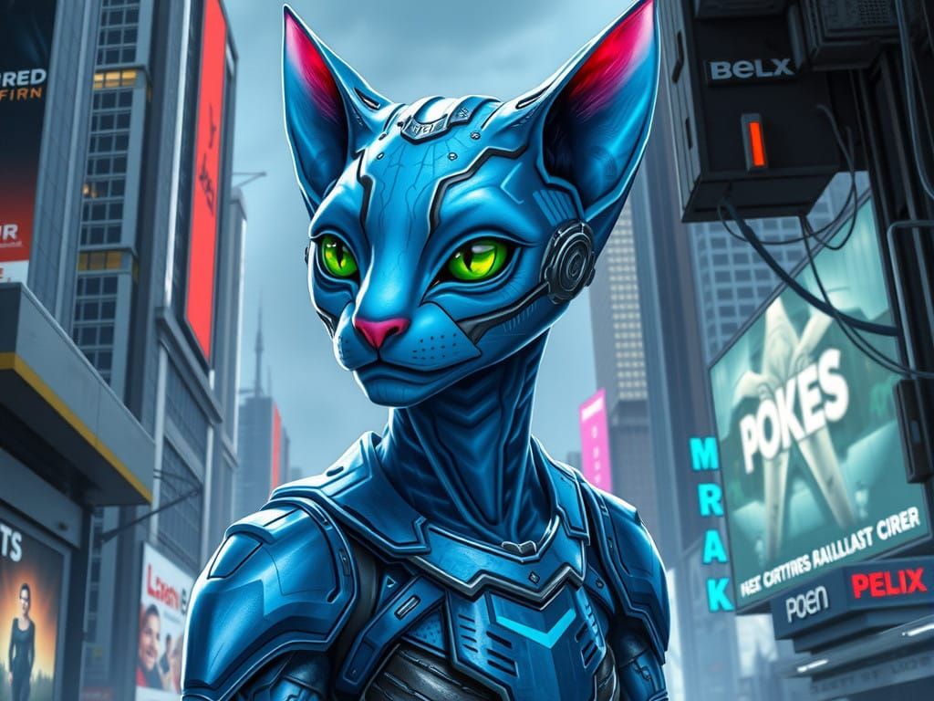 Cyberpunk Cat Alien in Futuristic Cityscape