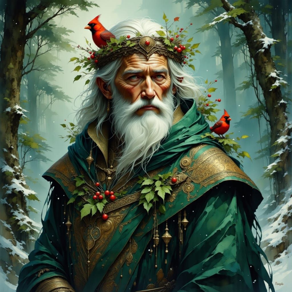 Mystical Winter Forest Deity with Cardinal