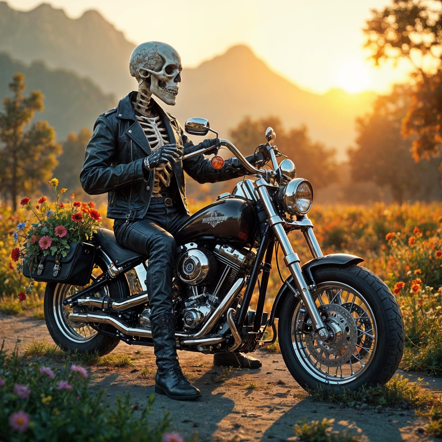 Skeleton Biker in Floral Garden at Sunset