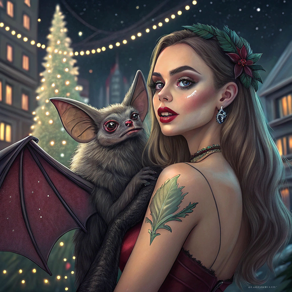 Glamorous Model and Bat in Campy Horror Scene