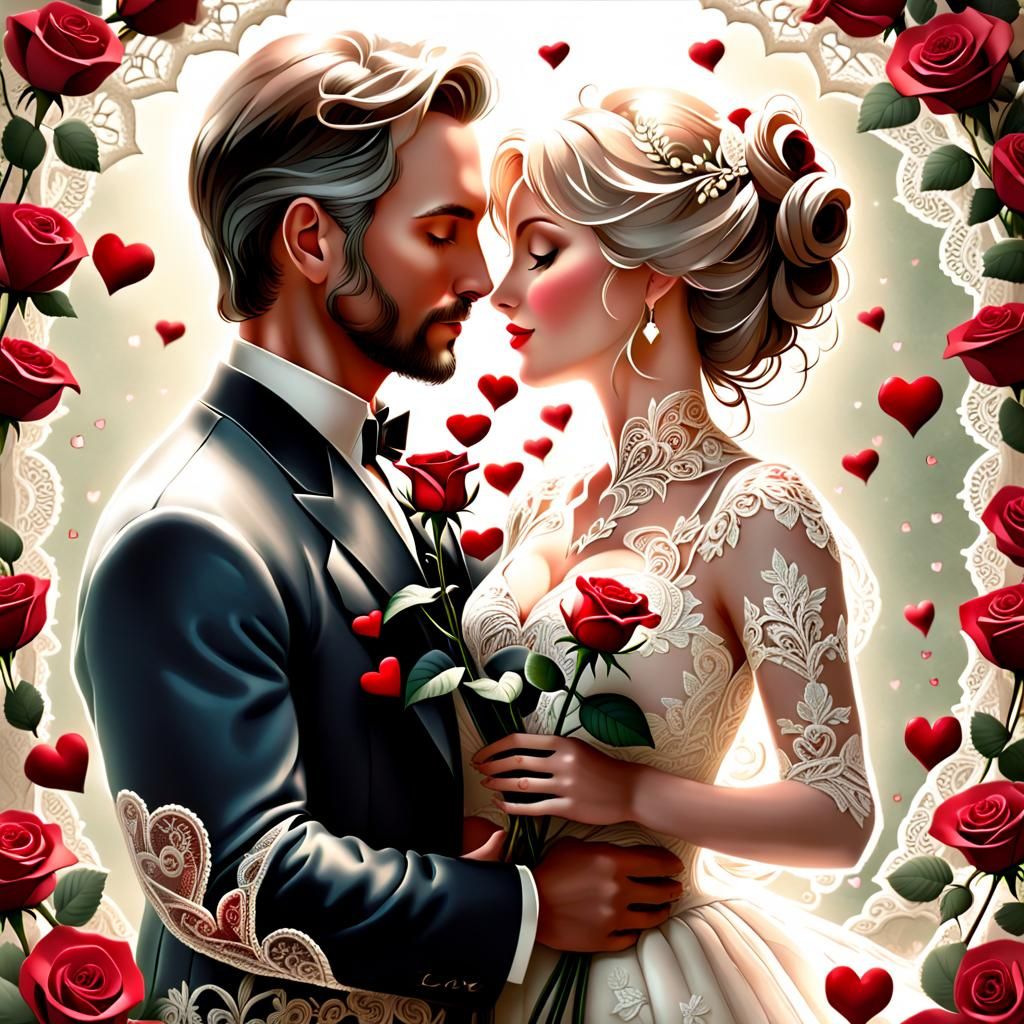 Romantic Portrait of a Couple with Roses and Hearts