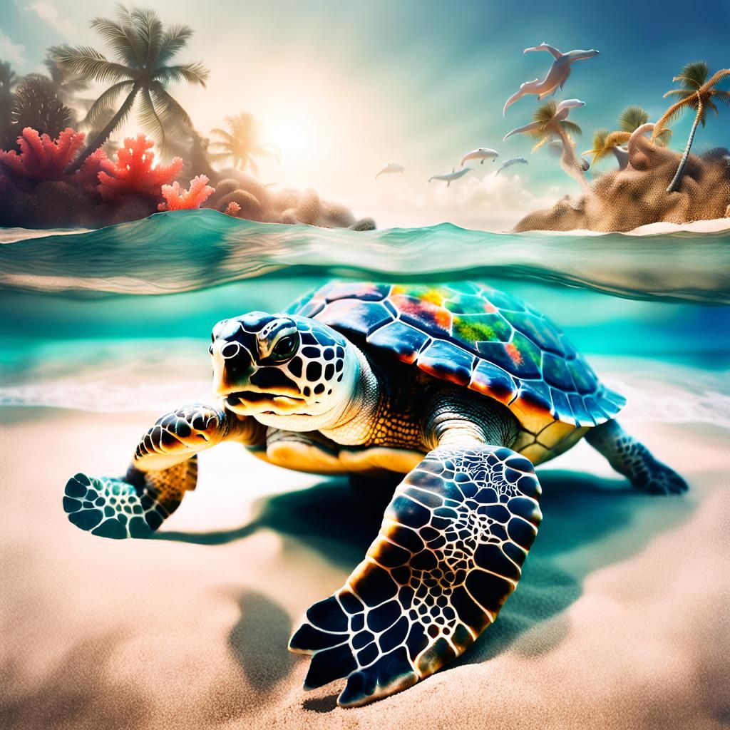 Create a digital hyrealistic double exposure image that captures the silhouette of a giant ancient turtle crawling on th...