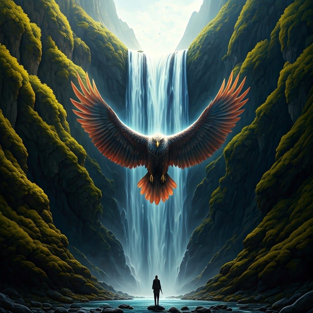 Eagle-Shaped Waterfall in Vibrant Iridescent Hues