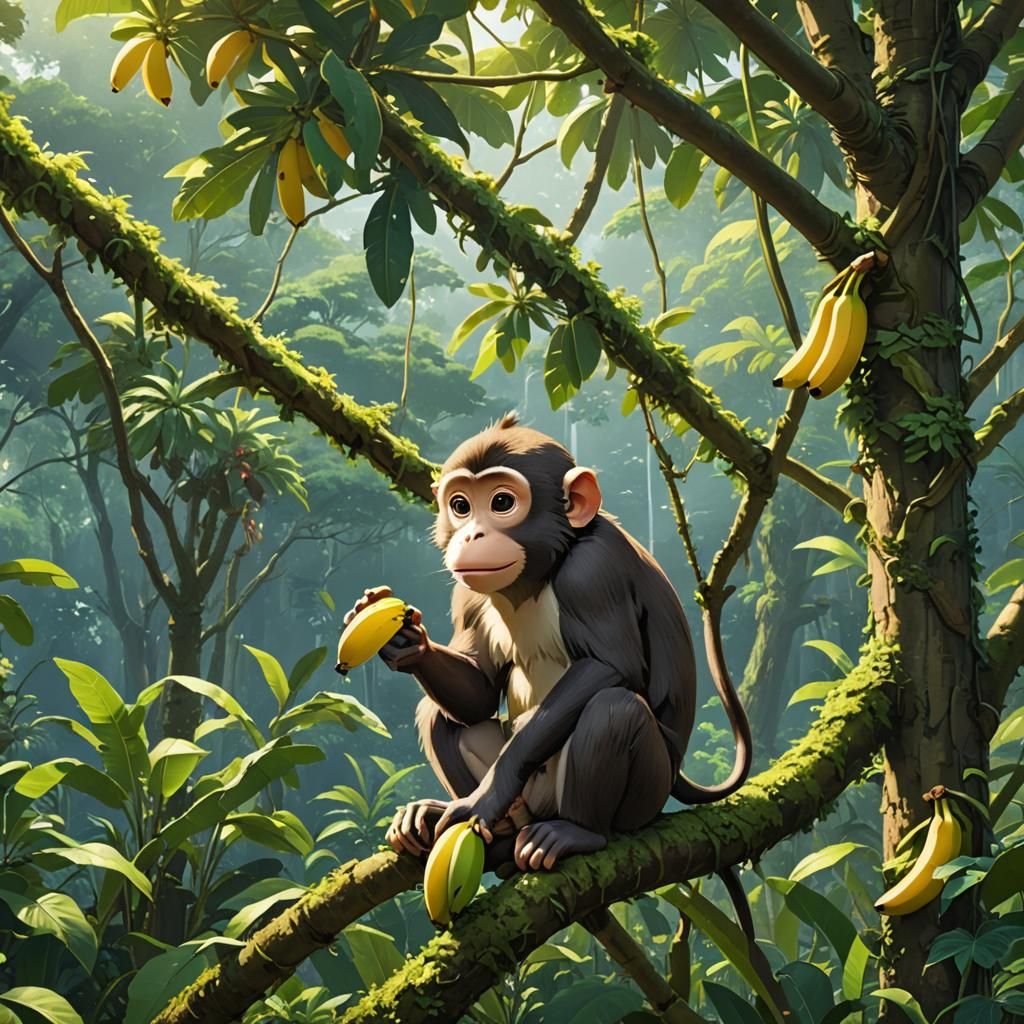 Monkey Eating Banana in Anime Style