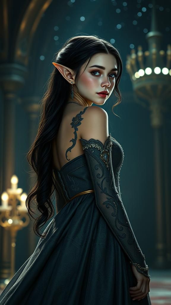 Realistic Elf in Ball Gown Under Starlight