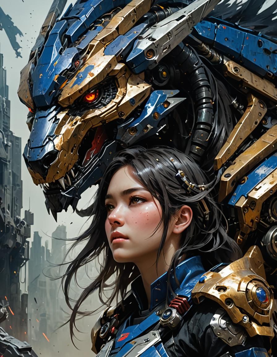 Anime-Style Woman Petting Mechanical Creature