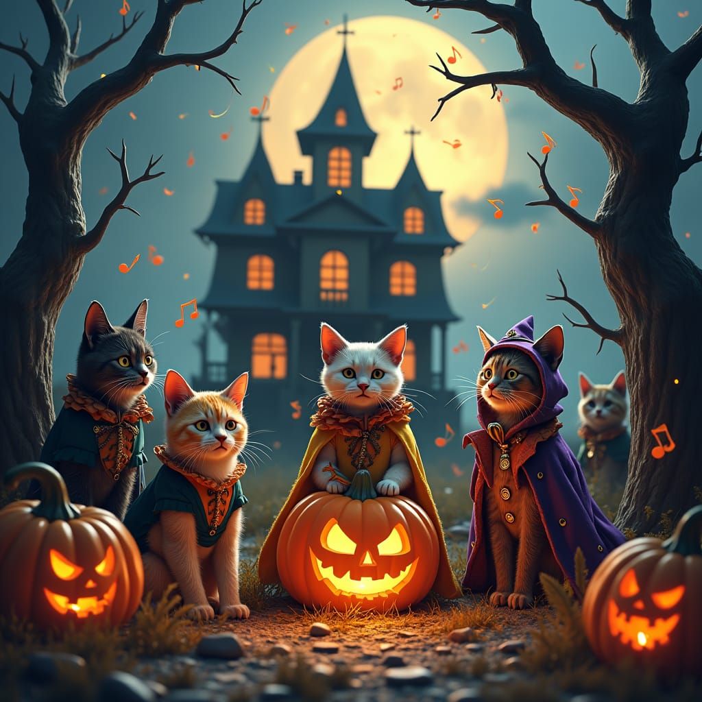 Whimsical Cats' Halloween Party in Matte Painting Style