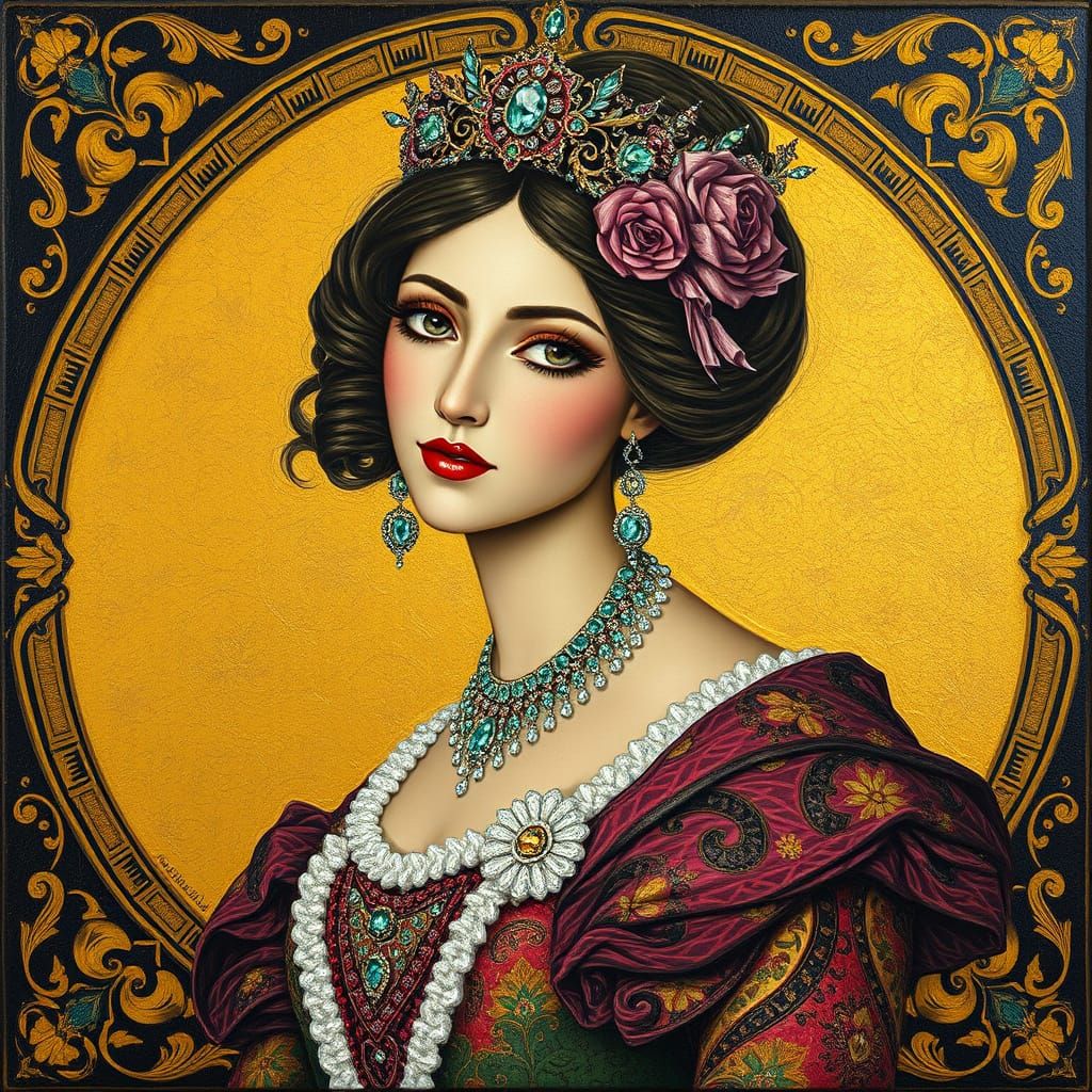 Bejeweled Queen Portrait in Golden Ballroom