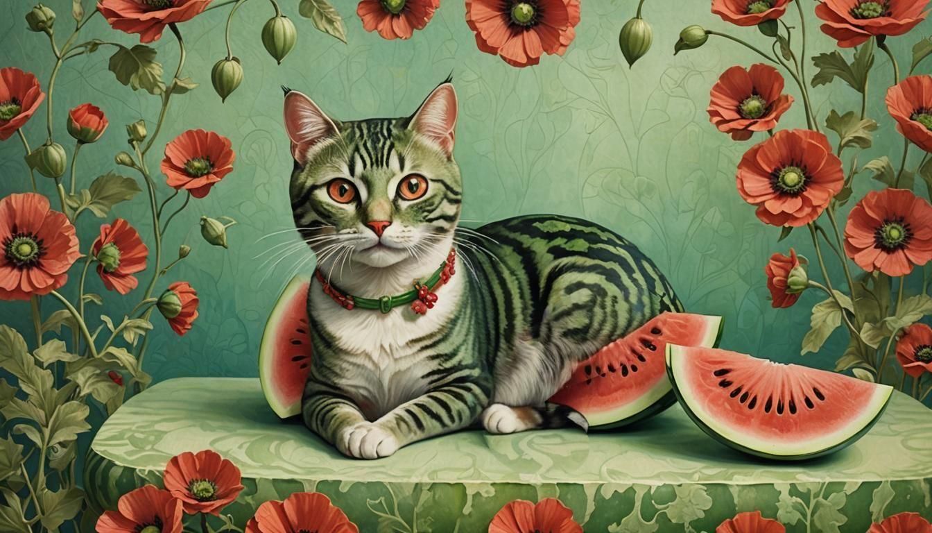 Stylized Watermelon Cat with Floral Headpiece