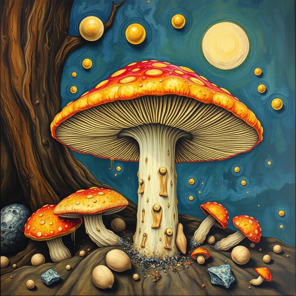 Mushrooms Ascending in Vibrant Dreamscapes