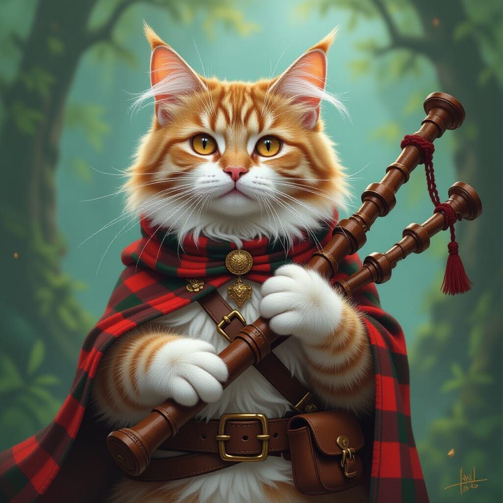 Magical Orange Cat with Bagpipes in Fantasy Realm
