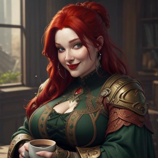 Red-Haired Woman Enjoys Coffee: Fantasy Art