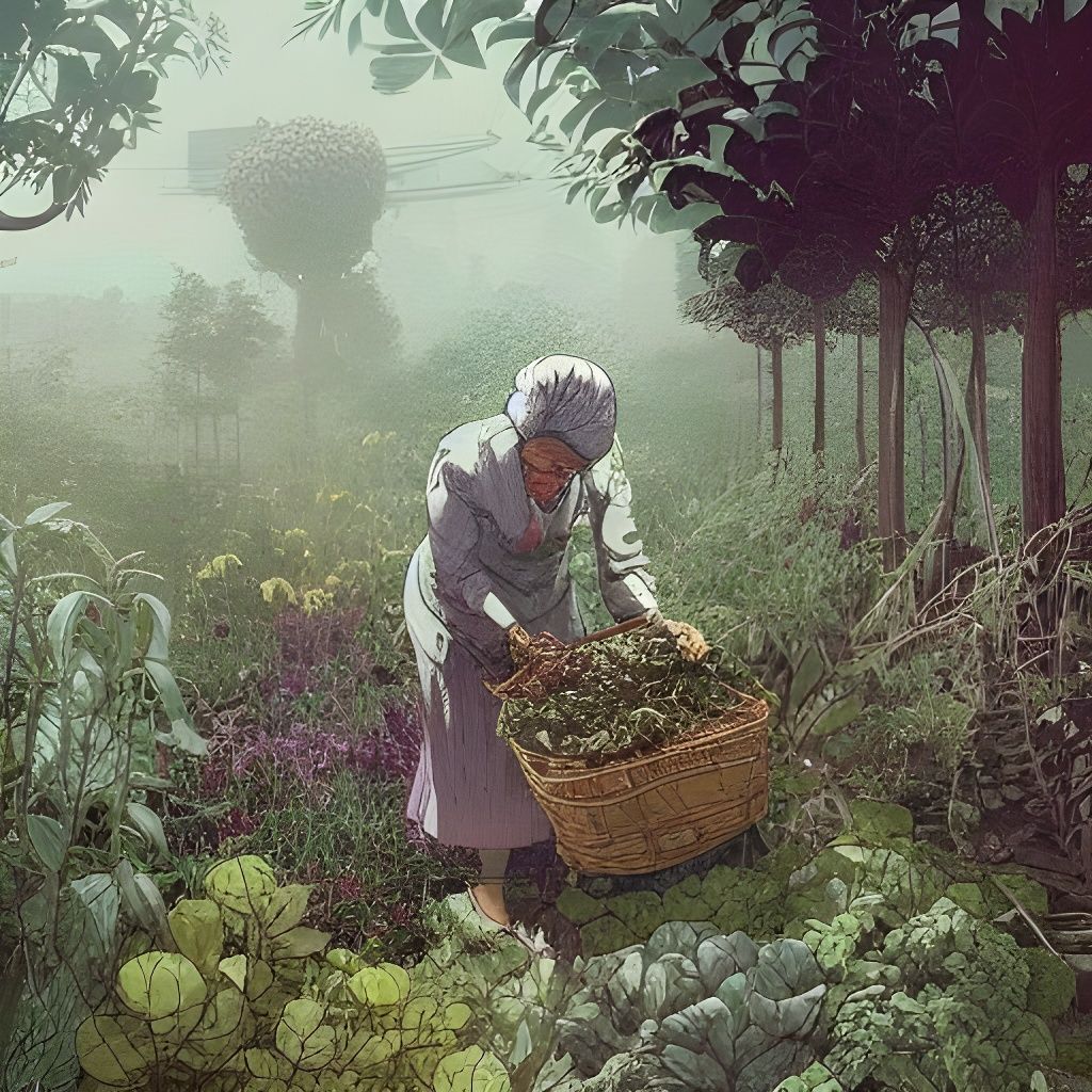 Herbalist Harvesting Herbs: Intricate Digital Matte Painting