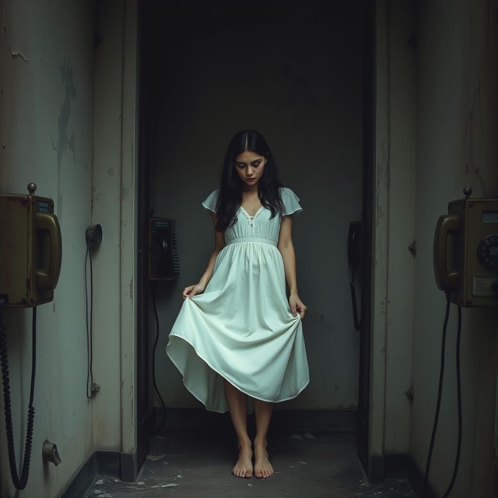Melancholic Woman in Abandoned Phone Booth