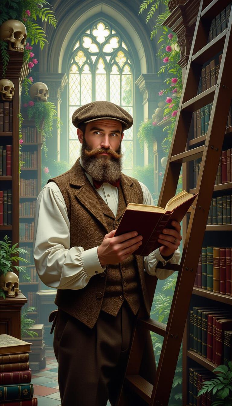 Bearded Man Offers Book in Ethereal Ancient Library