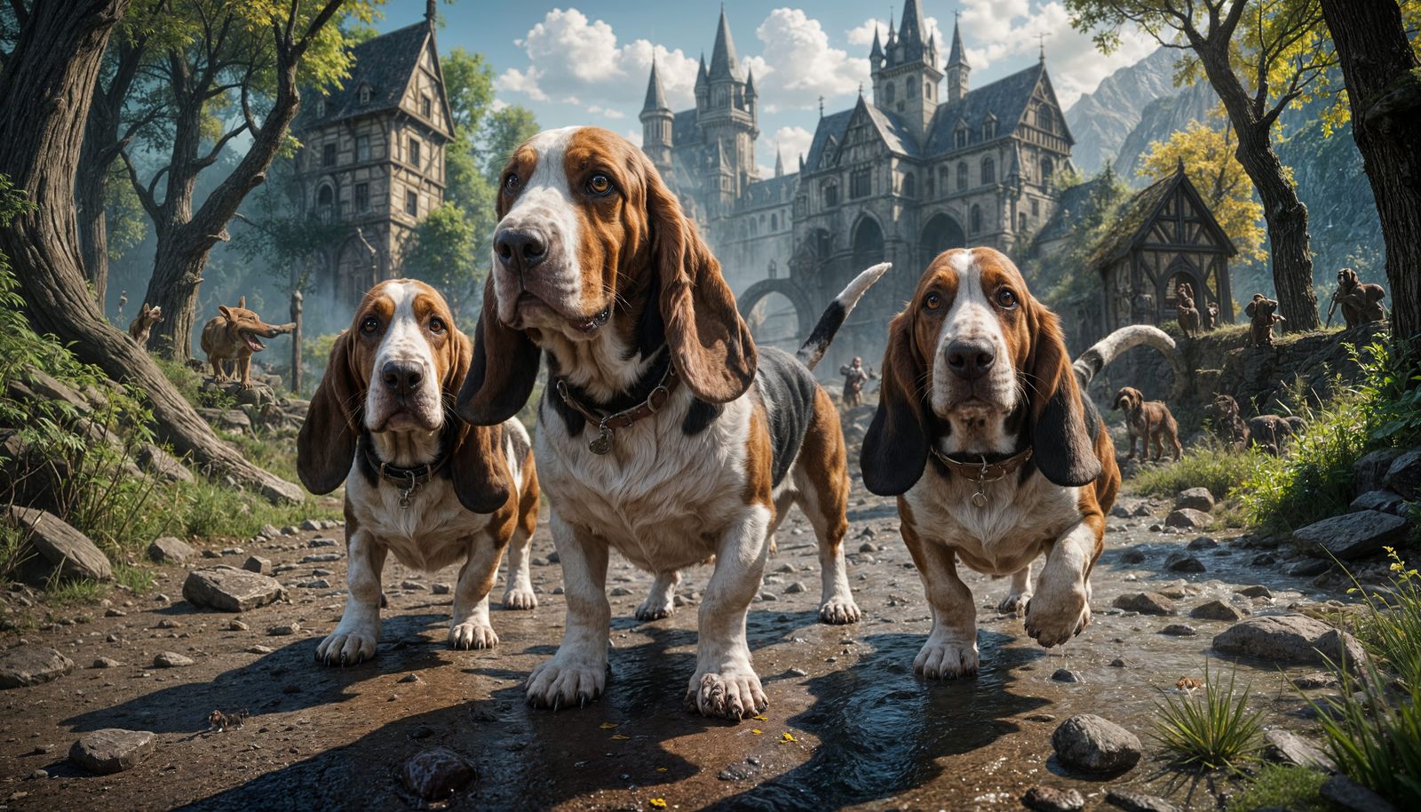 Basset Hounds Play in Fantasy Landscape