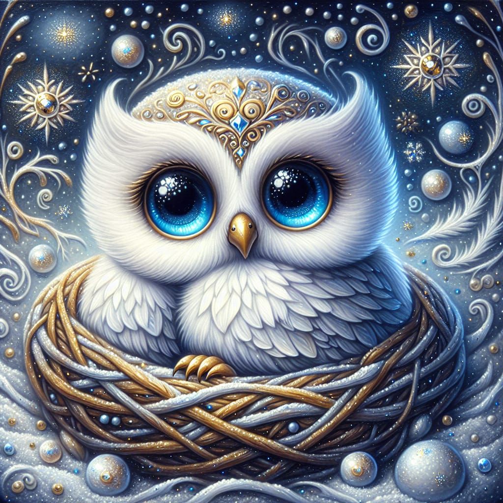 Adorable Chibi Owl in Snowy Nest, Acrylic-Oil Painting