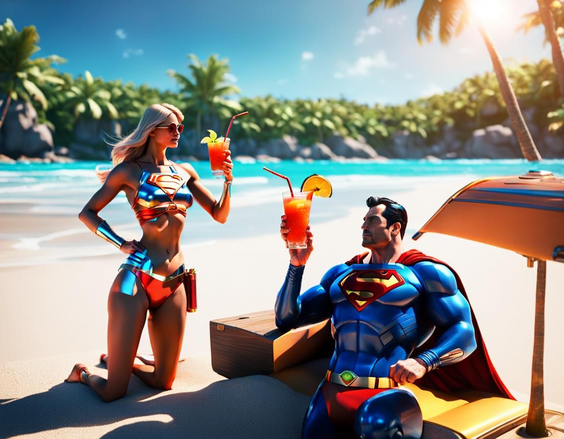 Superman and Super girl suntanning in a tropical beach. Supe...