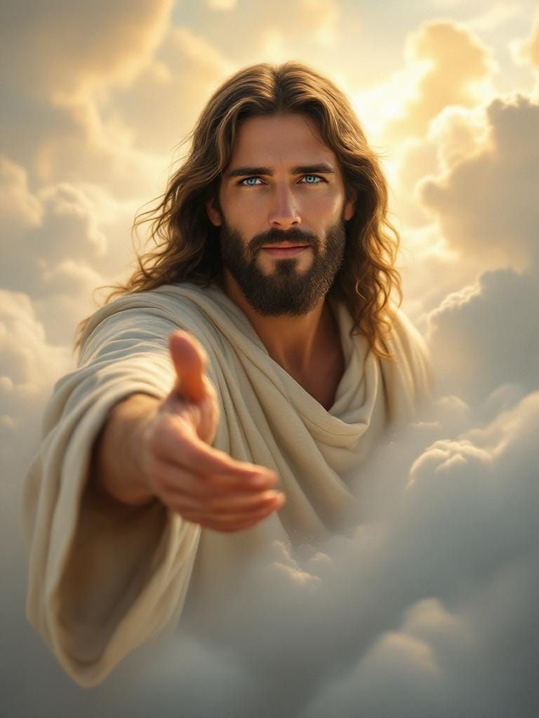 Jesus Christ Portrait Emerging from Clouds in Digital Painti...