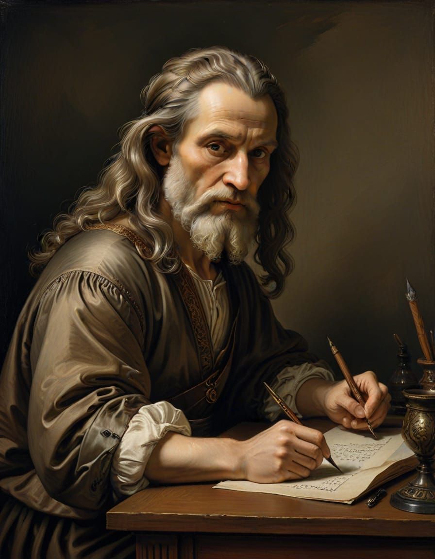Renaissance Artist Captures Man Writing in Warm Light