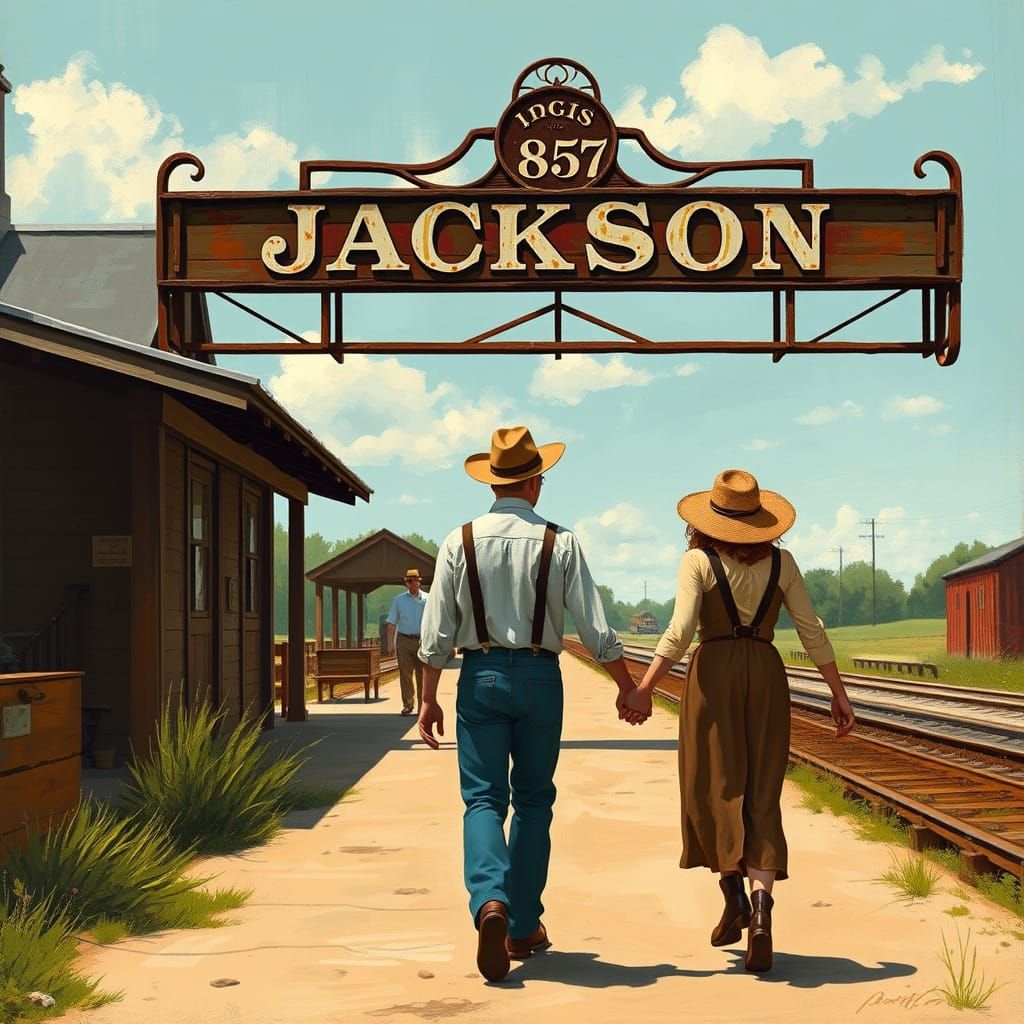 Vintage Couple Walks Towards Rustic Train Station