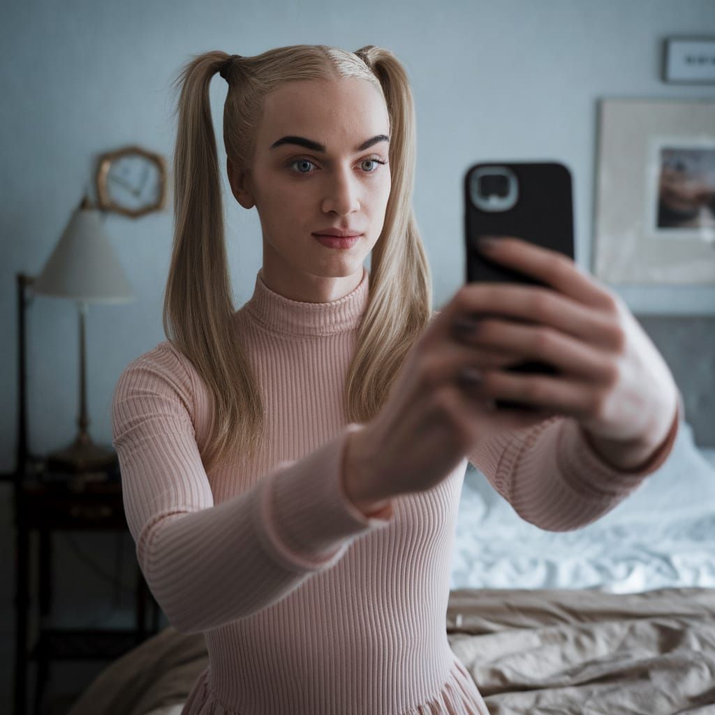 Young Man in Minidress Takes Bedroom Selfie