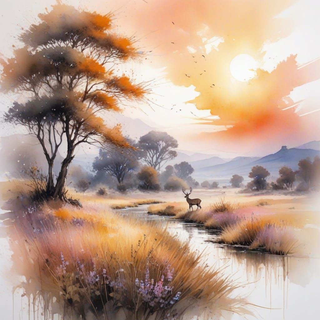 Pastel Meadow Dreamscape in Watercolor Style