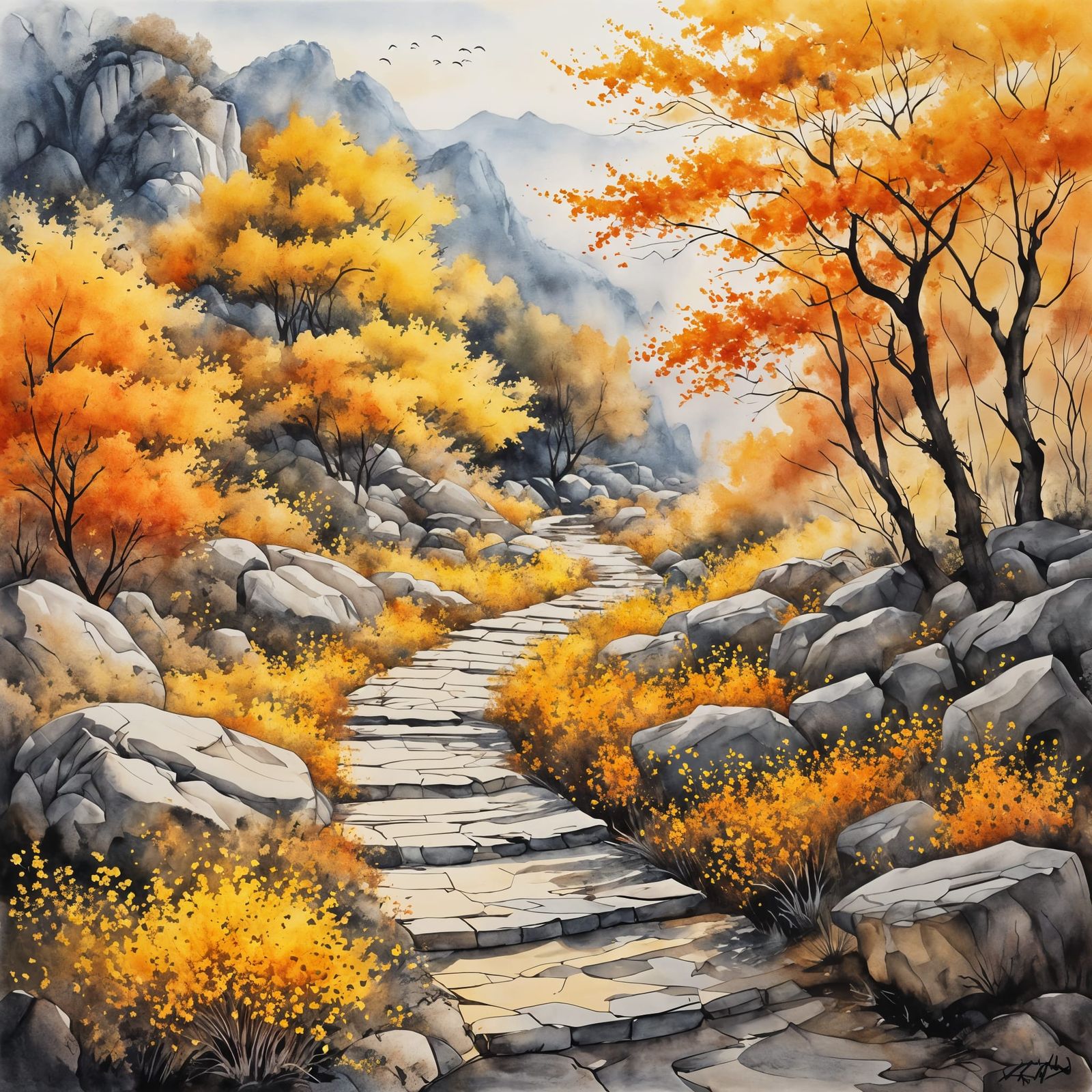 Sunlit Autumn Landscape Watercolor Painting