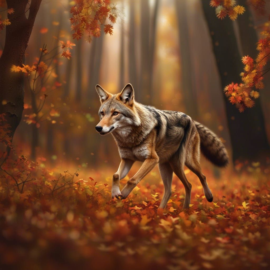 Coyote Runs Through Autumn Forest: Digital Painting