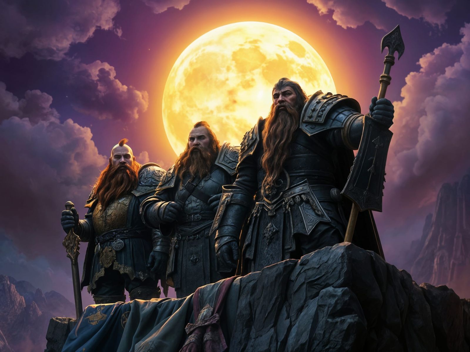 a rag-tag band of armored dwarves lining a cliff edge. Each dwarf looks considerably different. night time with a full m...