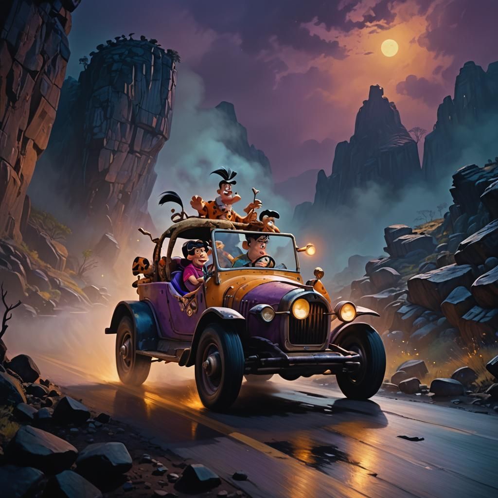 The Flintstones Driving Through Bedrock at Night