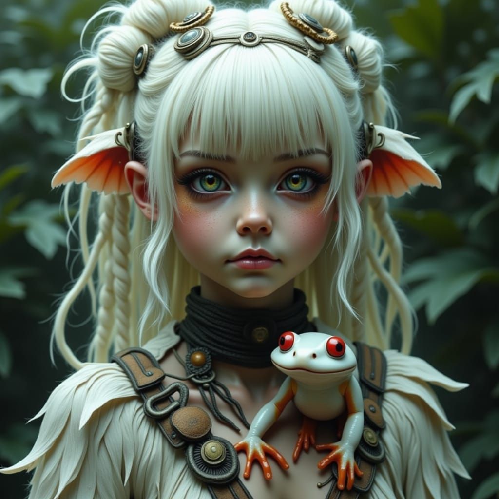 Surreal Feathered Woman with White Frog, Digital Art