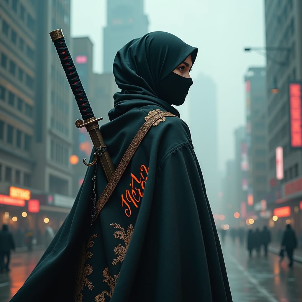 Cyberpunk Muslim Girl Ninja with Katana in Dystopian City