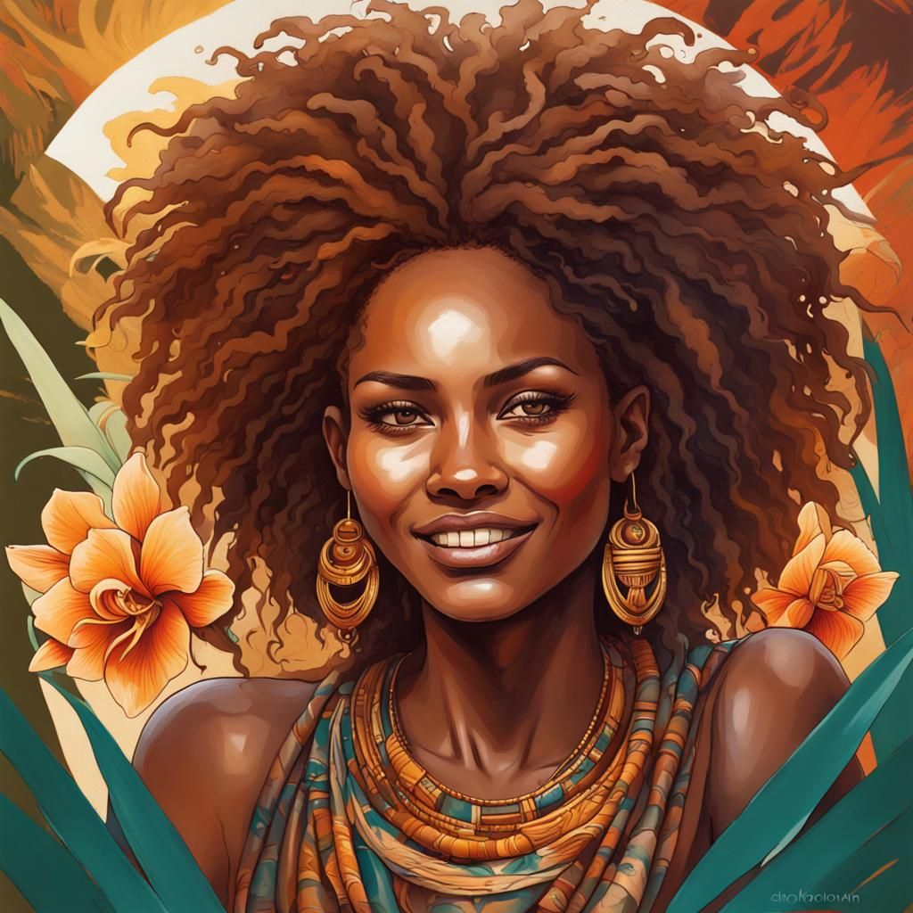 Kenyan Woman and Lioness Portrait in Acrylic Style