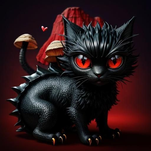 Surreal Dragon Cat with Chibi Eyes