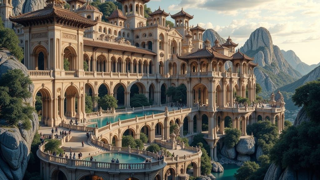 Spanish Colonial Mansion with Chinese Imperial Roofs
