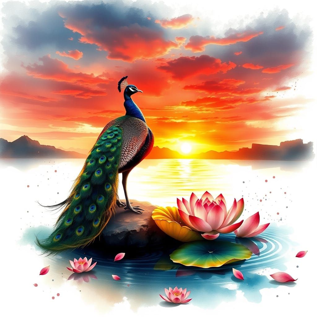 Ethereal Peacock Unfurls at Sunset on Tranquil Lotus Pond