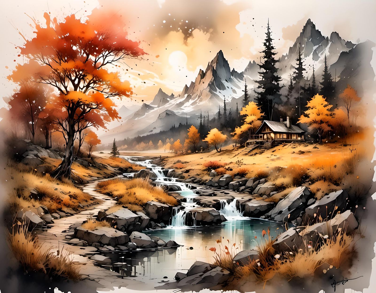 Ethereal Autumn Landscape with River and Sunset