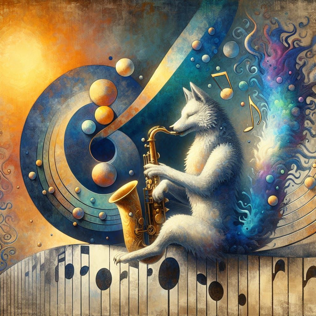 Wolf Saxophonist in Surreal Watercolor Jazz Scene