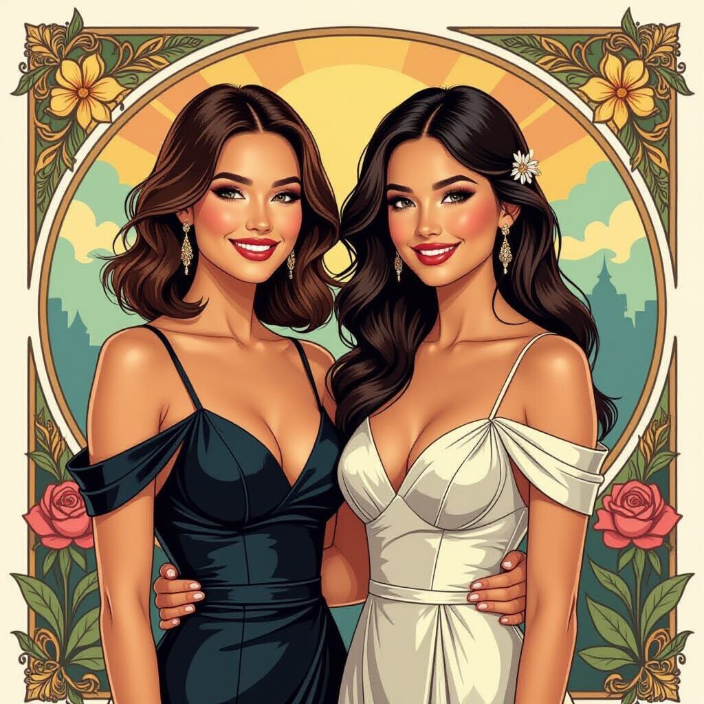 Brunette Models in Dresses, Art Nouveau Style