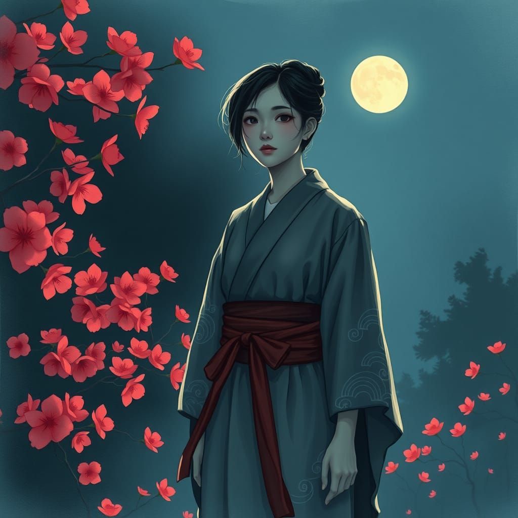 Japanese Garden Figure Contemplates Crimson Blossoms