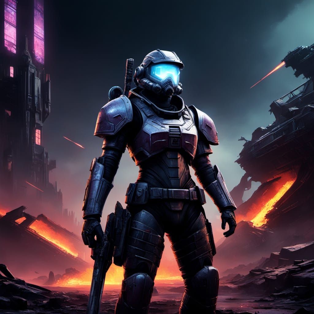 Gritty Cyberpunk Warrior Stands Amidst Burning Spaceship Wre...