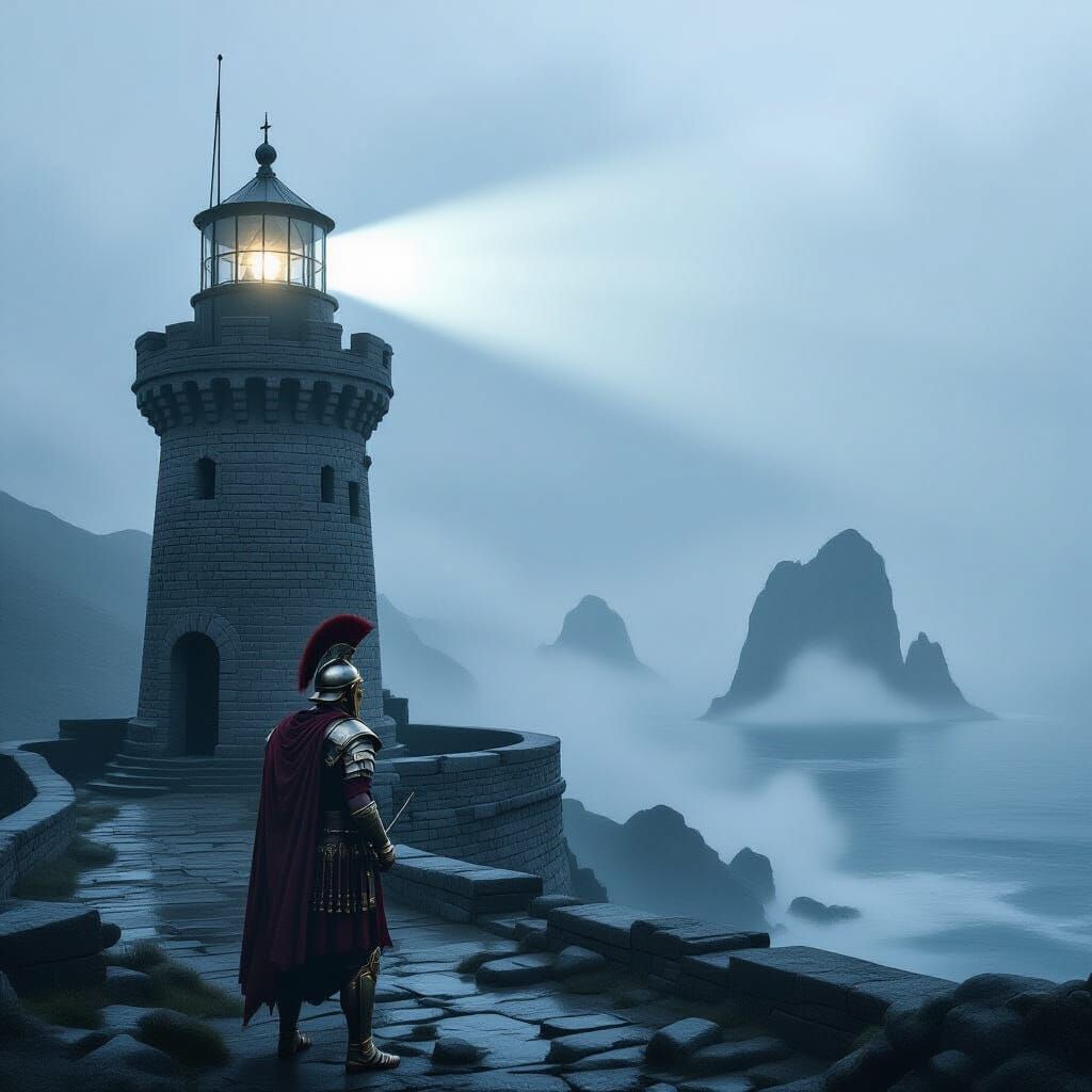 Roman Legionary at Stormy Lighthouse, Digital Matte Painting